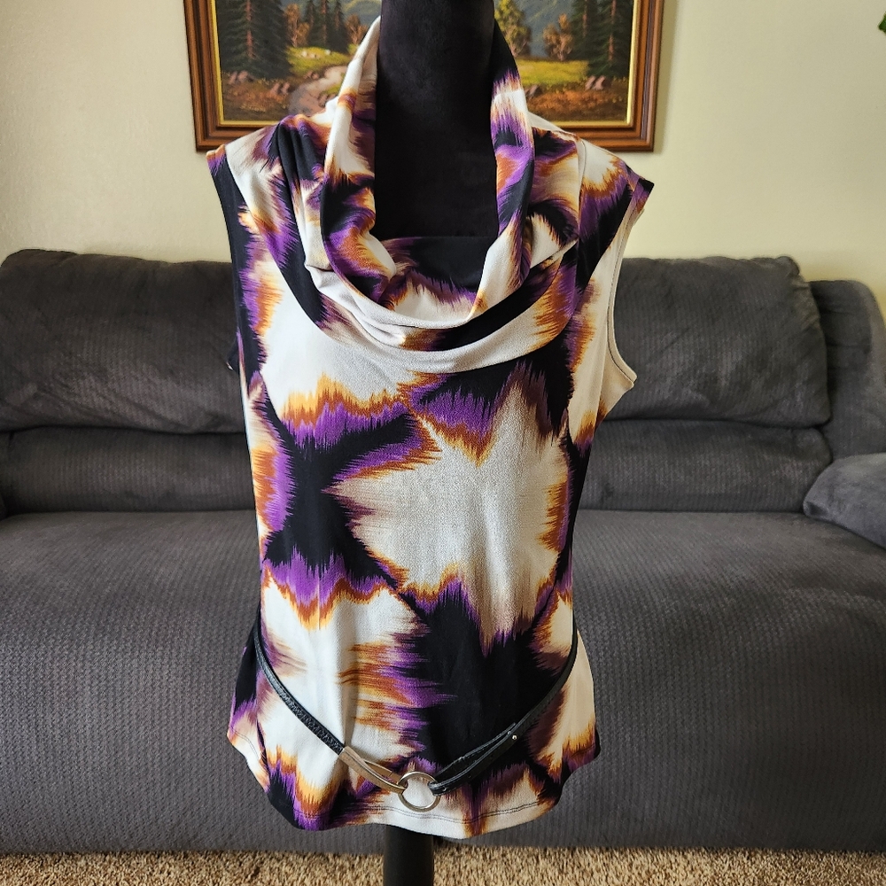 Worthington Cowl Sleeveless Top Dressy Dress Belt Purple Cream Black